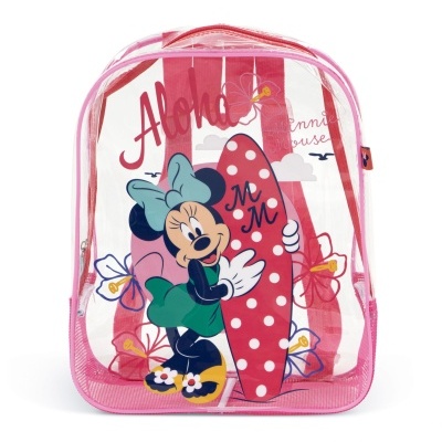 Mochila rosa transparente com Minnie Mouse e prancha de surf