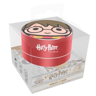Coluna sem fios Harry Potter com design vermelho e imagem do Harry Potter em cima