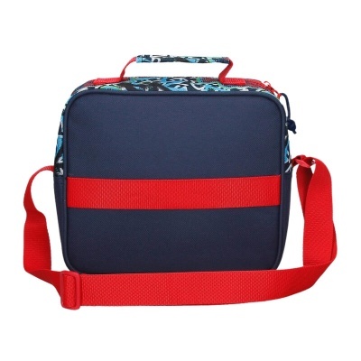 Bolsa térmica azul escuro com alça vermelha e padrão colorido no punho