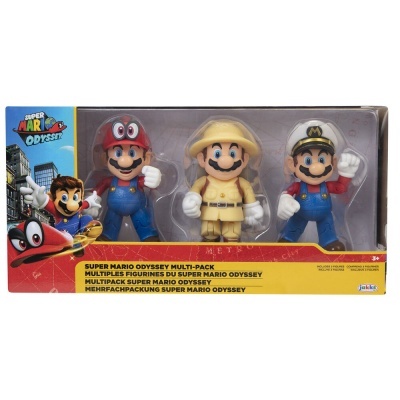 Pack três figuras Super Mario Odyssey personagens Mario com diferentes trajes embalagem