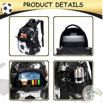 Mochila preta com padrão de bolas de futebol e vários compartimentos abertos