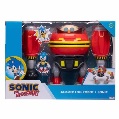 Brinquedo Sonic the Hedgehog com bonecos do Sonic e robô Hammer Egg na embalagem
