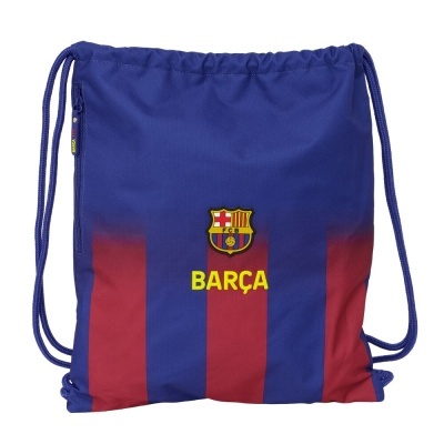 Mochila de cords azul e vermelha com logótipo do FC Barcelona e texto BARÇA