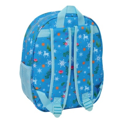 Mochila azul com padrão colorido e alças azuis claras