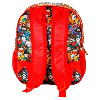 Mochila infantil colorida com personagens e tiras vermelhas