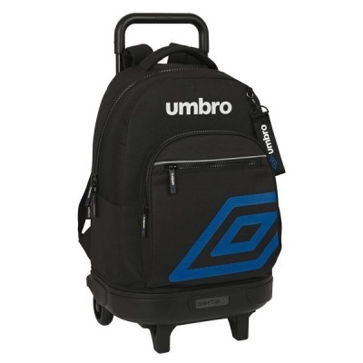Mochila preta com rodas e logotipo umbro branco e azul
