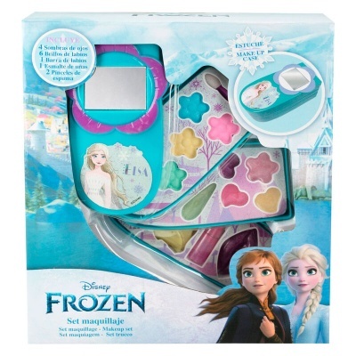 Set de maquilhagem Disney Frozen com cores variadas e embalagem azul com personagens Anna e Elsa