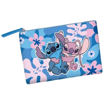 Necessaire azul com personagens Stitch e Angel e padrão floral