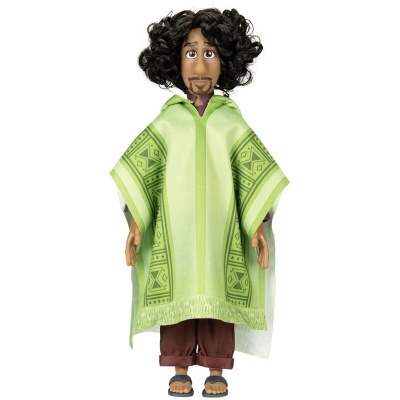 Boneco com poncho verde claro e padrão geométrico, calças castanhas e chinelos pretos