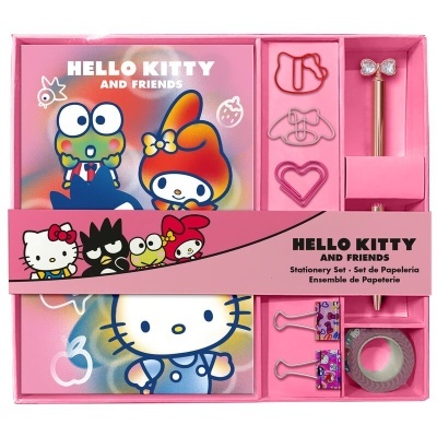 Conjunto de papelaria 'Hello Kitty and Friends' com bloco de notas, caneta, clips e fita adesiva em caixa rosa