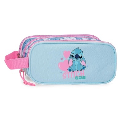 Estojo azul claro com desenho do Stitch e detalhes em rosa