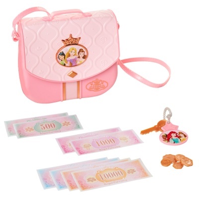 Bolsa rosa infantil com princesas, dinheiro e chaveiro de brinquedo