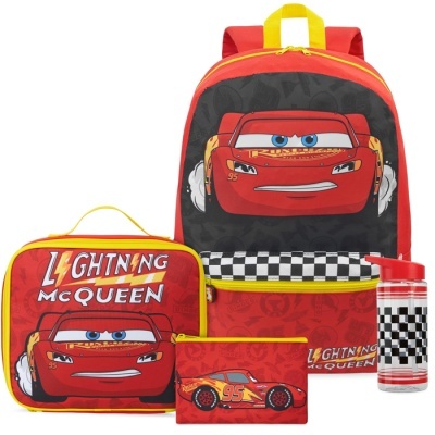 Conjunto de mochila, lancheira, estojo e garrafa Lightning McQueen com cores vermelho, amarelo e preto