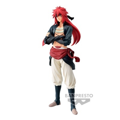 Figura de personagem com cabelo vermelho e roupa preta, branca e vermelha, com o logo BANPRESTO.