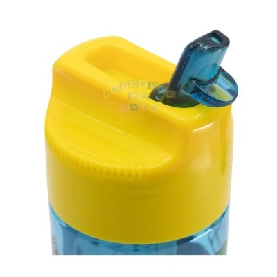 Garrafa de plástico azul com tampa amarela e bocal azul