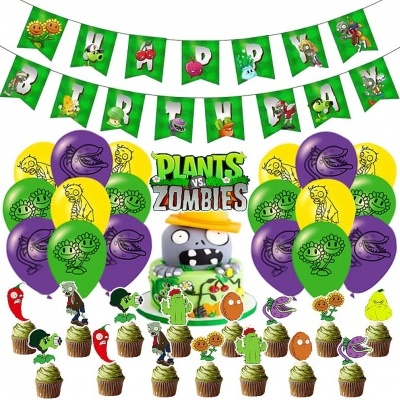 Decoração de festa Plants vs Zombies com faixa BIRTHDAY, balões coloridos, bolo temático e cupcakes decorados.