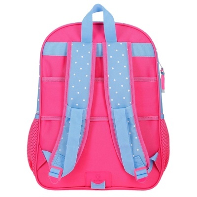 Mochila rosa com alças azul claro com pontos brancos vista de trás