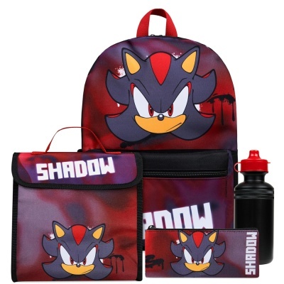 Conjunto de mochila, estojo, toalha e garrafa com estampa do personagem Shadow, em vermelho e preto