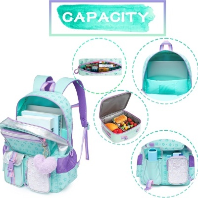 Mochila azul com detalhes lilás e chaveiro em forma de coração com compartimentos abertos mostrando capacidade e organização interna.