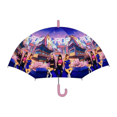 Guarda-chuva com estampa de personagens femininas e texto K-POP