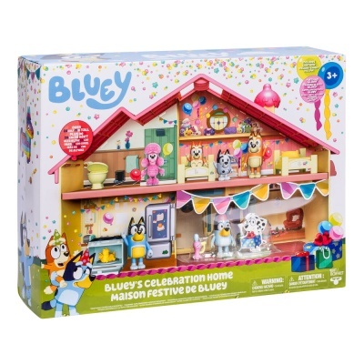 Caixa de brinquedo Bluey's Celebration Home com figuras dos personagens e decoração colorida
