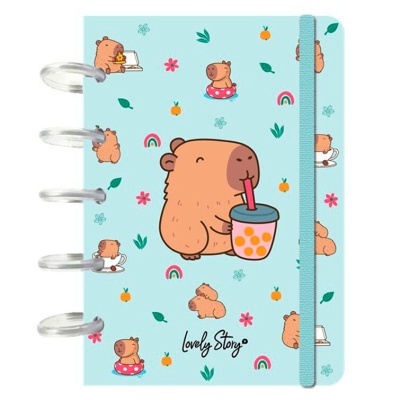Caderno com capa azul clara decorada com ursos e texto Lovely Story