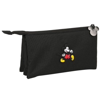 Estojo escolar preto em tecido com estampagem do Mickey Mouse e fecho de correr com pendente metálico