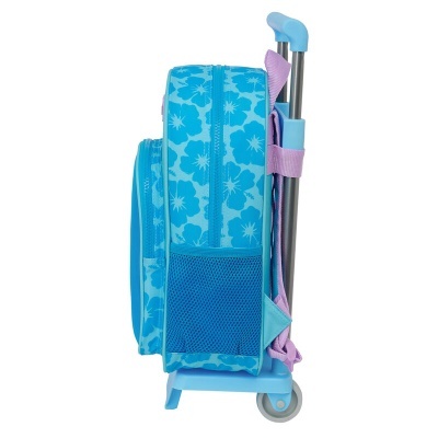 Mochila trolley azul claro com padrão de flores e alça telescópica