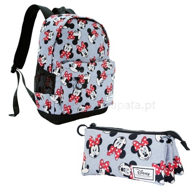Mochila cinzenta com padrão da Minnie Mouse e estojo combinando}