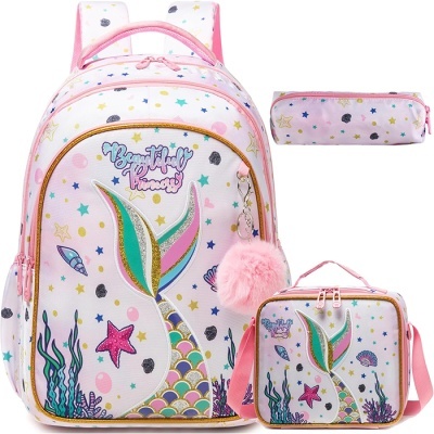 Conjunto rosa de mochila, estojo e lancheira com tema de sereia e elementos do mar