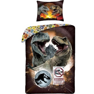 Roupa de cama infantil com dinossauros T. rex e Spinosaurus e texto warning.