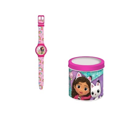 Relógio infantil rosa com personagens e caixa redonda colorida