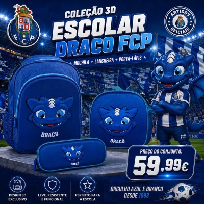 Conjunto escolar azul FC Porto com mochila, lancheira e porta-lápis com mascote Draco, preço 59,99€ em fundo de estádio