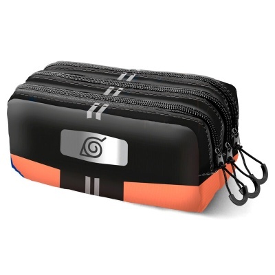 Estojo escolar preto com detalhes laranja e azul e símbolo espiral prateado