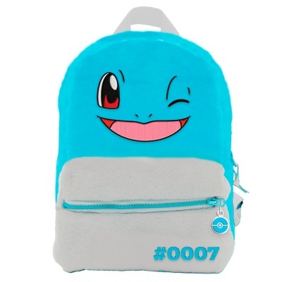 mochila azul e cinza com rosto sorridente de personagem animado