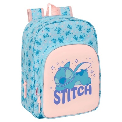 Mochila infantil azul e rosa com estampa do Stitch e texto STITCH