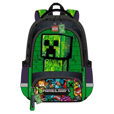 Mochila escolar verde e preta com estampa Creeper de Minecraft e bolso frontal com personagens do jogo.