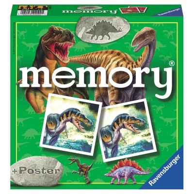 Embalagem verde do jogo Memory com dinossauros e texto Ravensburger
