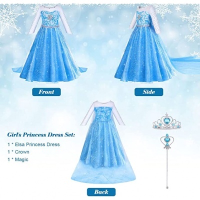 Vestido azul de princesa Elsa para menina com coroa e varinha mágica