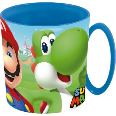 Caneca azul decorada com personagens Super Mario Mario e Yoshi