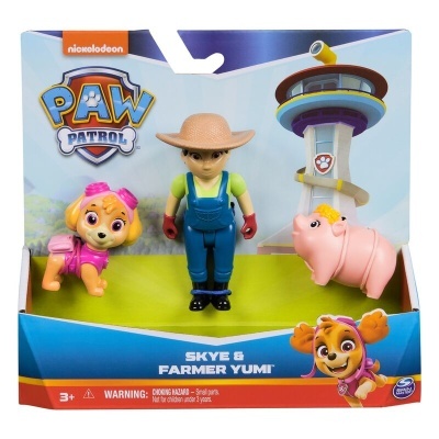 Conjunto de brinquedos Paw Patrol com Farmer Yumi e duas figuras de animais em embalagem colorida.