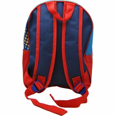 Mochila azul escuro com alças vermelhas acolchoadas e padrão de bolas amarelas nas laterais