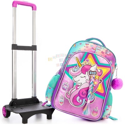 mochila infantil unicórnio com suporte de rodas e pega ajustável
