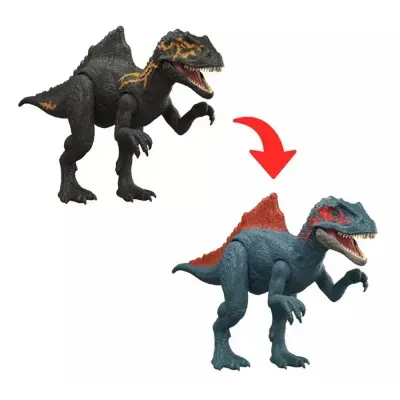 Duas figuras de dinossauros de plástico, preta com detalhes laranja e azul com espinha vermelha, em fundo branco