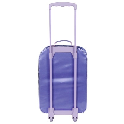 Mala de viagem roxa com rodinhas e puxador telescópico