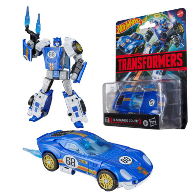 Figura de ação robô e carro azul Hot Wheels Transformers El Segundo Coupe em embalagem