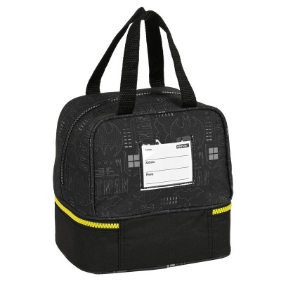 Saco preto do Batman com fecho amarelo e etiqueta branca para identificação