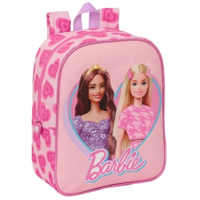 Mochila cor-de-rosa com imagem de duas bonecas Barbie e padrão de corações
