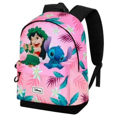 Mochila rosa com estampa de Lilo e Stitch, folhas e flores em tecido, alças pretas acolchoadas