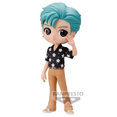Figura Funko Pop de personagem com cabelo azul e camisa preta com estrelas
